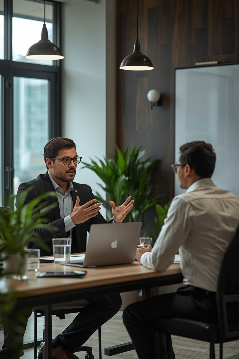 Two colleagues in a business meeting at a desk with a laptop in a modern office