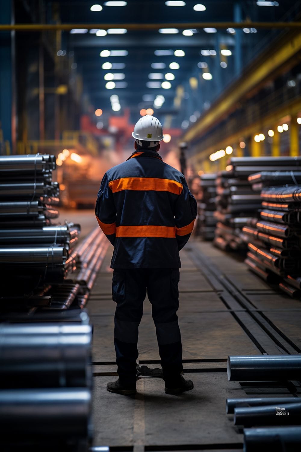 A worker in a hard hat walking between stacks of steel pipes in a warehouse
