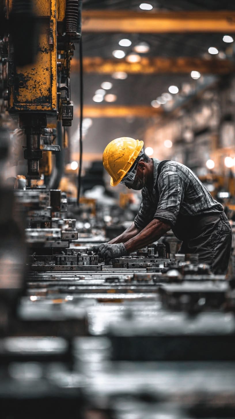 A worker in a yellow hard hat operating machinery on a factory production line