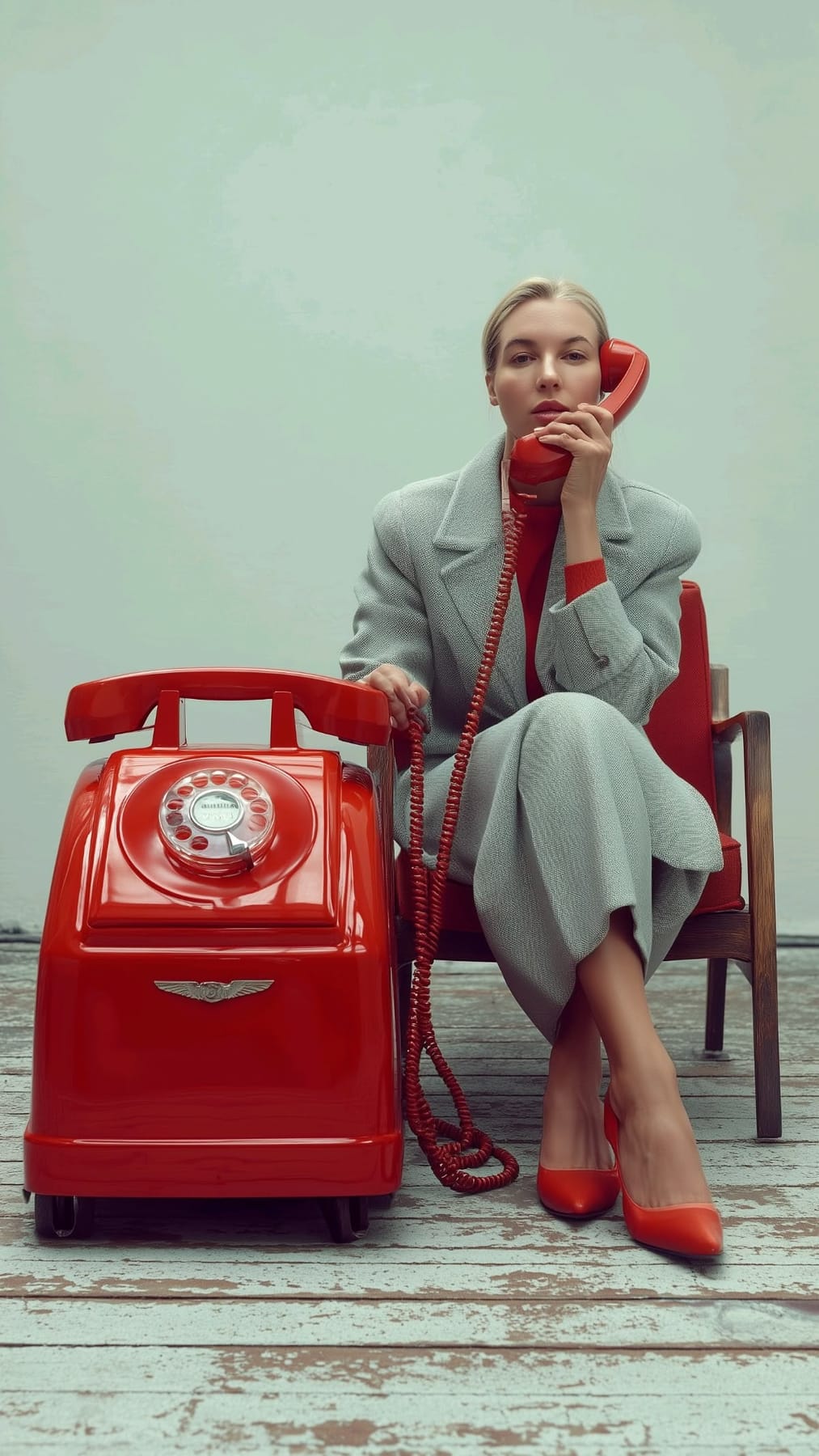 A model in a pale grey suit sitting beside a red rotary telephone, from a lookbook shoot