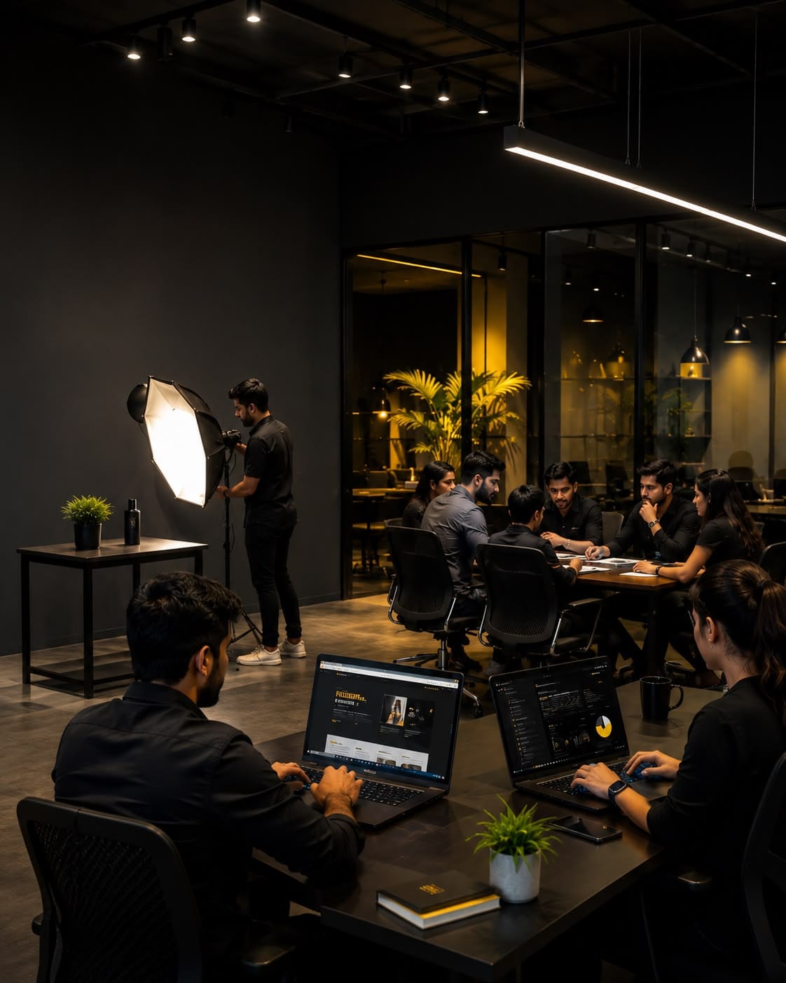 A photographer shooting in a warmly lit venue while guests sit at the tables