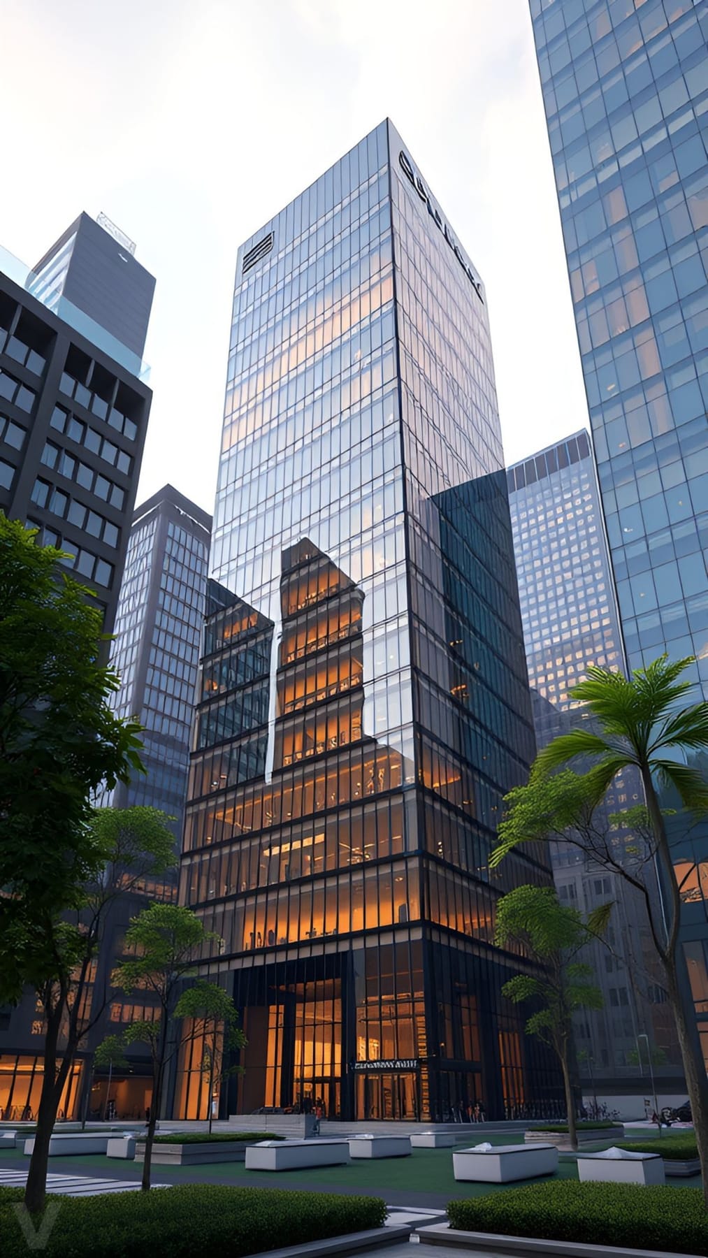 Modern glass office towers rising among palm trees